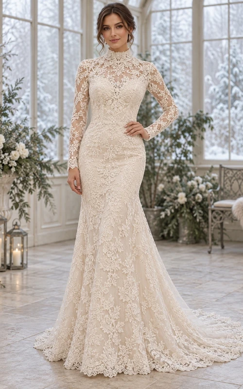 Vestido de novia de sirena con cuello alto, manga larga y cola de encaje floral.
