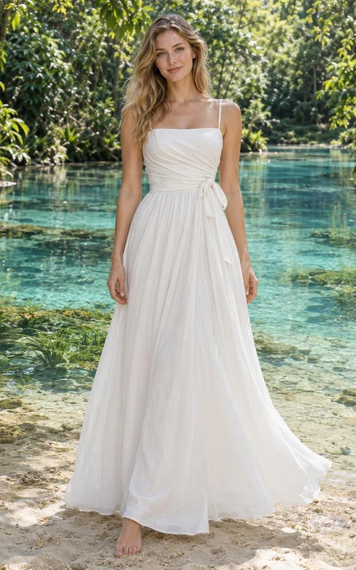Einfaches, eckiges Brautkleid aus Baumwollvoile mit Trägern und seitlichem Bindeband am Rock.