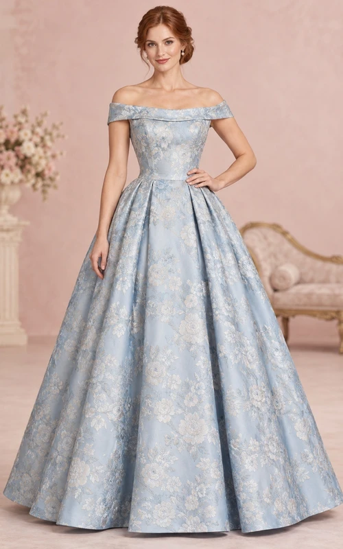 Vestido de noche de jacquard plisado con hombros descubiertos, color azul cielo, de la década de 1960