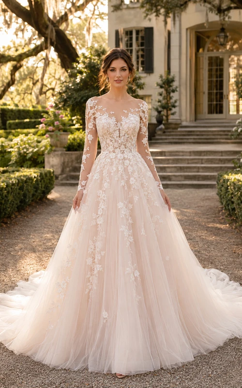 Robe de bal en dentelle illusion à manches longues pour un mariage champêtre dans un jardin