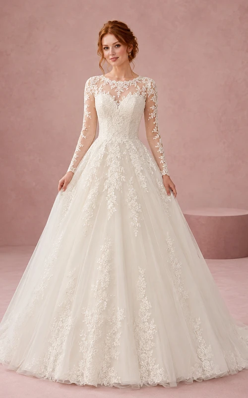 Robe de bal en dentelle modeste à manches longues, robe de mariée de studio