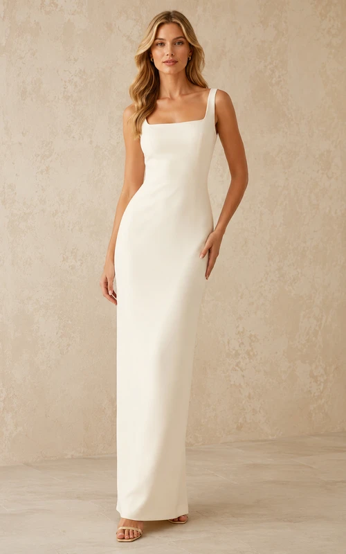Vestido de fiesta de crepé columna con escote cuadrado color champán