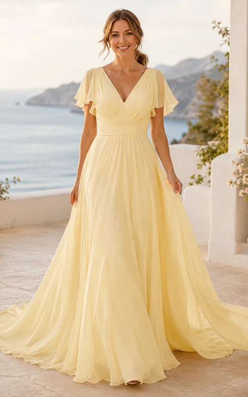 Vestido de novia formal sencillo, romántico y elegante con escote en V, edición A, corte en línea A.