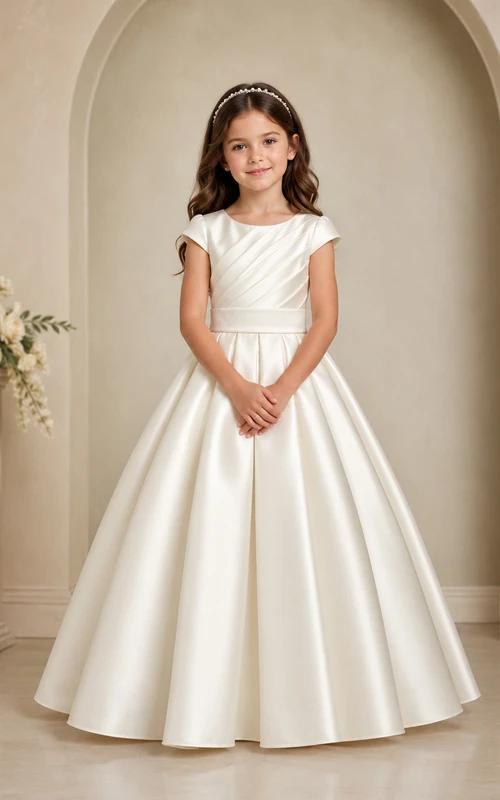 Elegant Princess Satin Ball Gown Flower Girl Floor-Length Cap Sleeve Formal Dress