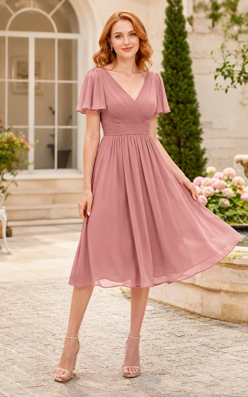 Dusty Rose Refined Chiffon Sheath V-neck Knee Length Cocktail Dress