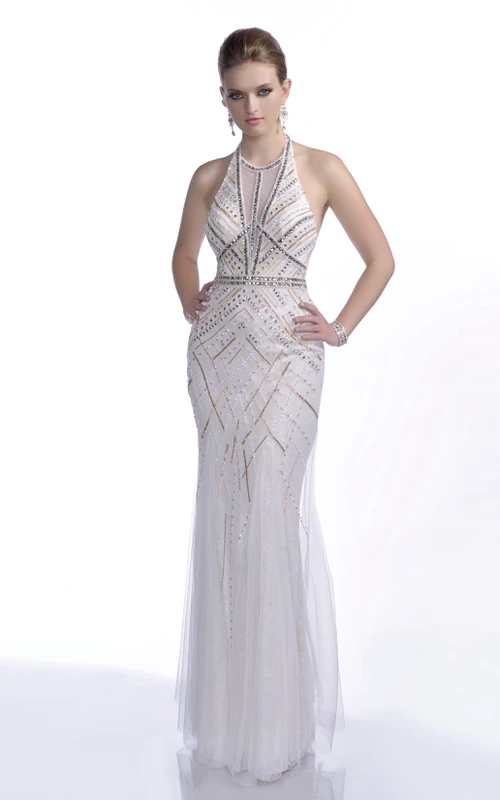 Vestido de fiesta ajustado sin mangas de tul con espalda descubierta y abalorios.