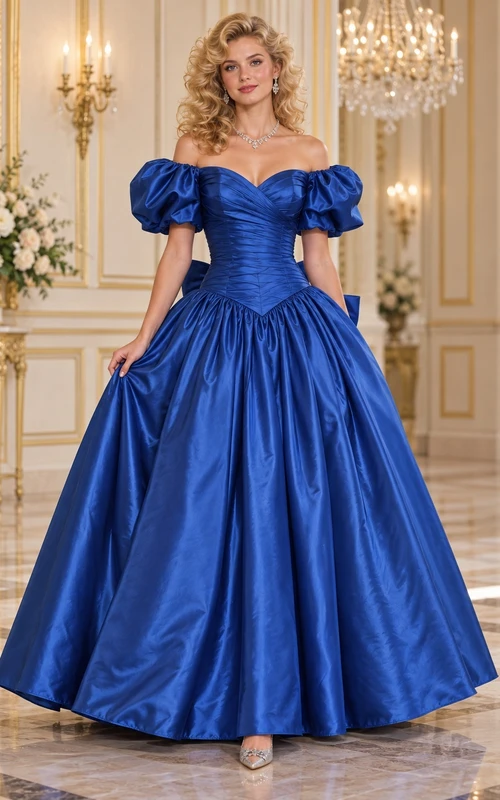Robe de bal en satin bleu roi, épaules dénudées et manches bouffantes, années 1980