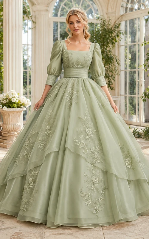 Elegantes salbeigrünes Ballkleid für Quinceañeras mit Puffärmeln und mehrlagigen Applikationen