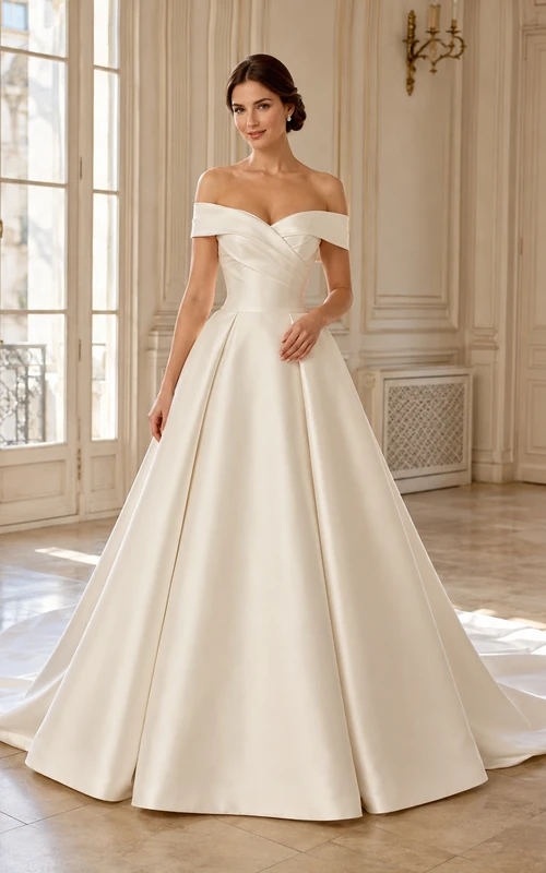 Robe de mariée classique en satin plissé à épaules dénudées et coupe trapèze avec traîne courte