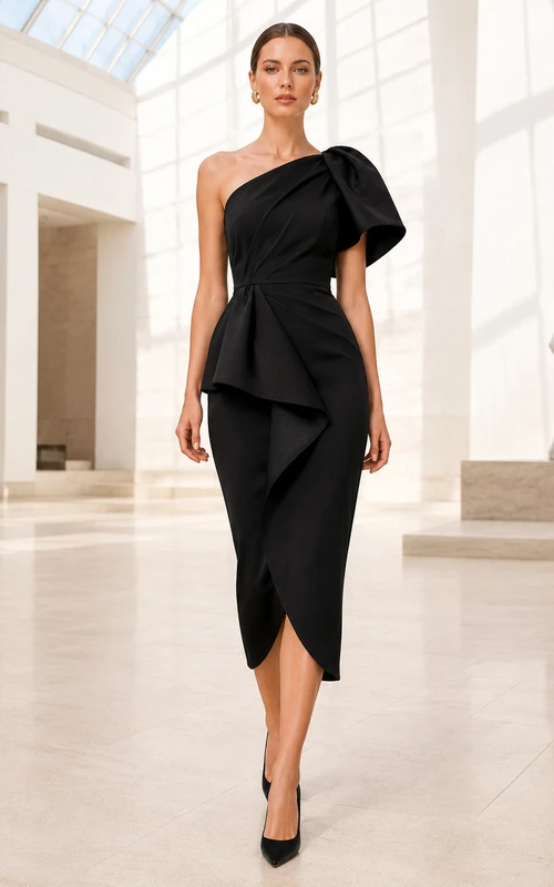 Black One Shoulder Sculptural Ruffle Peplum Sheath Asymmetric Formal Guest Dress