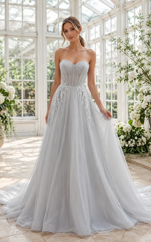 Robe de mariée romantique gris argenté sans bretelles, bustier en dentelle et tulle, coupe trapèze, robe de mariée romantique.