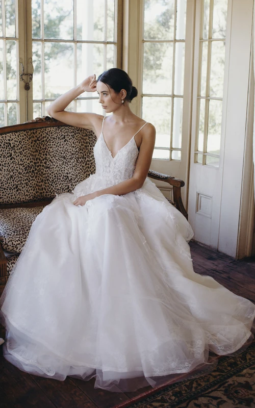 Backless Ethereal Spaghetti Straps Plunging V-neck Tulle Lace Appliqued Simple Wedding Dress