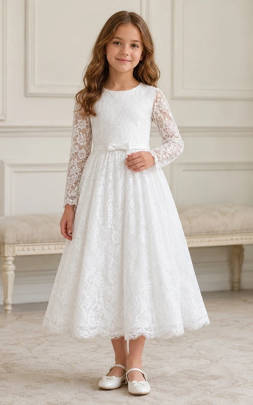 White Lace High Neck Illusion Long Sleeve Ankle-Length Flowergirl Dress