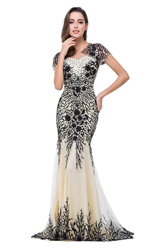 Vestido de noche estilo sirena con apliques y mangas cortas brillantes para la madre de la novia