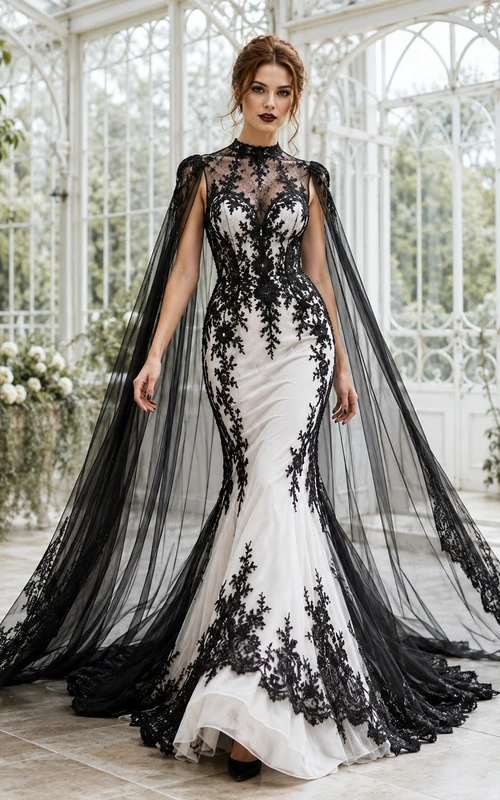 Schwarzes Brautkleid aus Spitze mit hohem Kragen, langen Ärmeln, Meerjungfrauenschnitt, Schleppe und Gothic-Cape