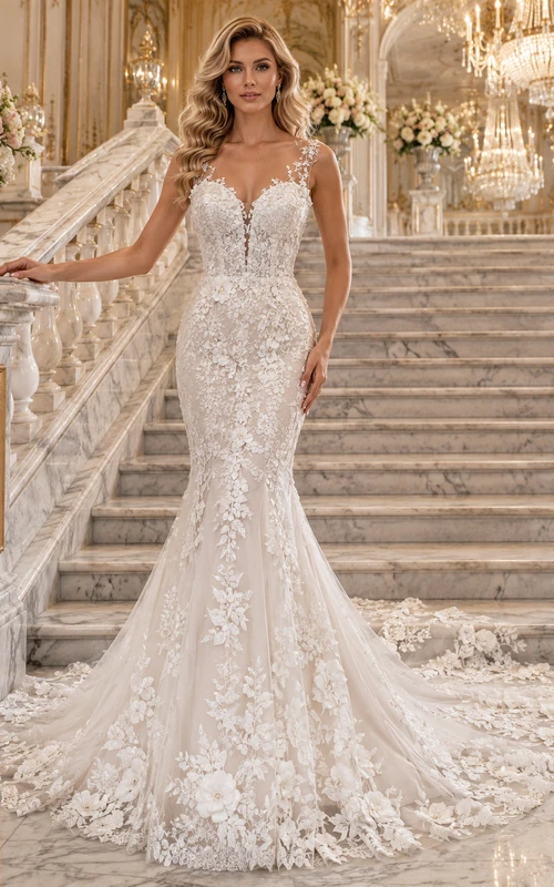 Vestido de novia de lujo para salón de baile con cola y apliques florales de sirena