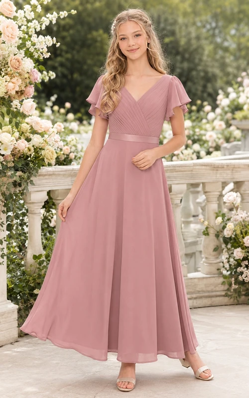 Elegantes Brautjungfernkleid in Altrosa, A-Linie, V-Ausschnitt, kurze Ärmel