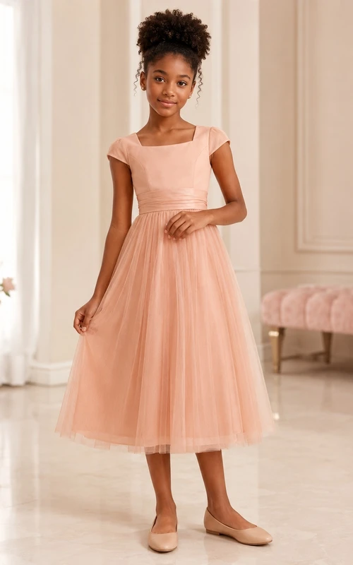 Vestido de dama de honor juvenil color coral, corte en A, largo hasta la rodilla, manga corta cuadrada, detalle de gorro, estilo romántico.