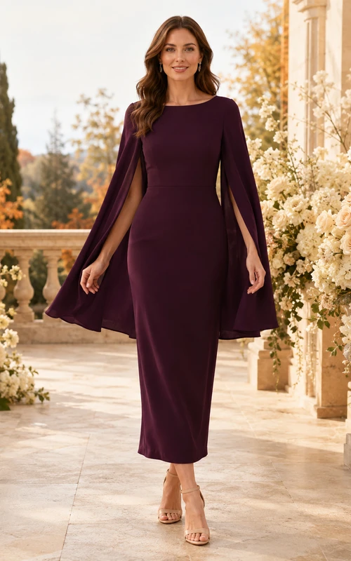 Plum Bateau Long Cape Sleeve Satin Sheath Tea Wedding Guest Dress