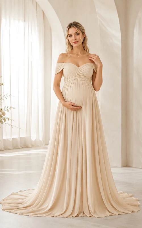 Maternity Champagne Off-Shoulder Pleated Chiffon Empire Sweep Formal Gown