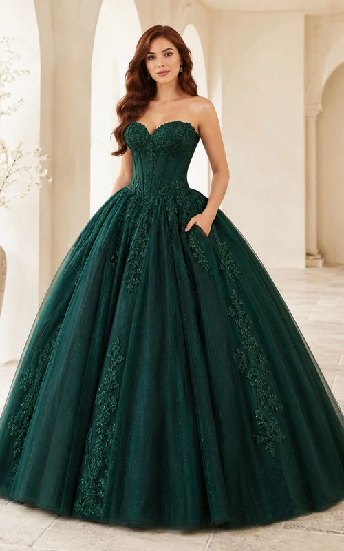 Vestido de quinceañera estilo princesa corsé sin tirantes con escote corazón y bolsillo oculto en verde oscuro