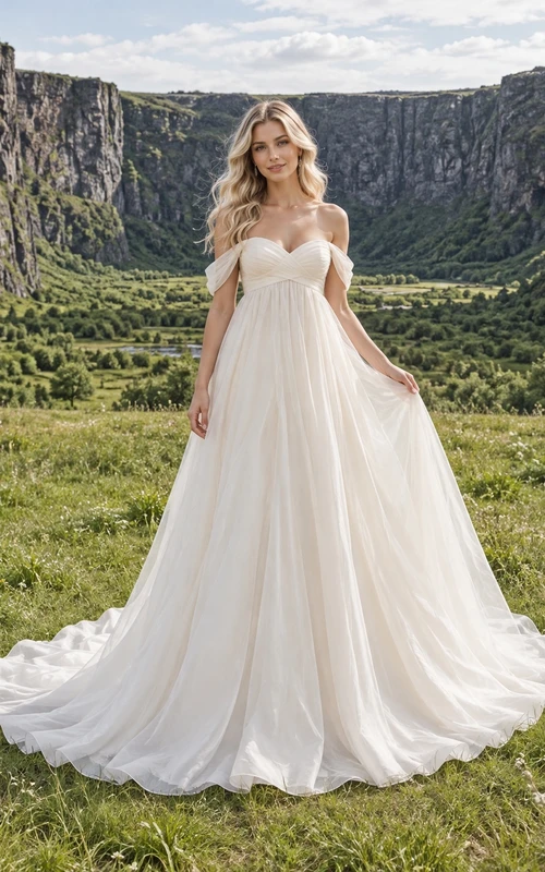 Sencillo vestido de novia de organza estilo imperio con hombros descubiertos, escote corazón y cola de corte.
