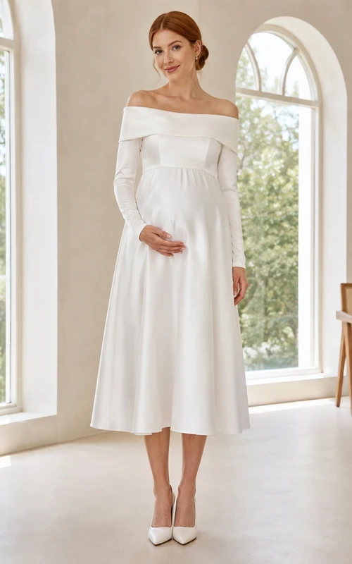 Maternity Off-Shoulder Empire A-Line Tea-Length Long-Sleeve Chiffon Modest Bridal Dress