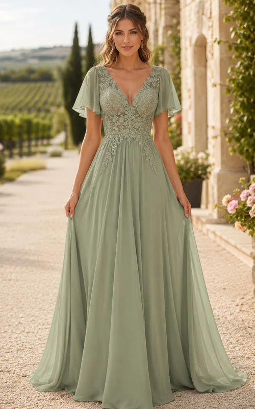 Romantisches Brautjungfernkleid aus Chiffon in Weinrot-Celadon, A-Linie, bodenlang, mit V-Ausschnitt und kurzen Ärmeln