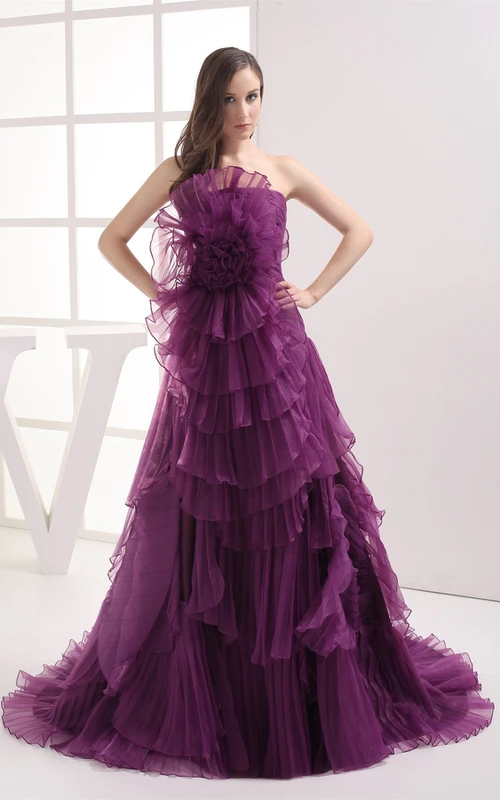 Floral A-Line Ruched Sweep Train and Gown With Tiers