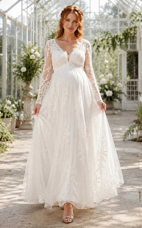 Bohemian Maternity Lace Wedding A Line V Neck Long Sleeves Sweep Train