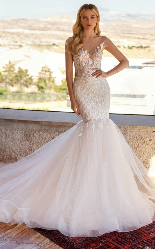 Robe de mariée romantique sirène bateau, longue sans manches, en dentelle avec appliques