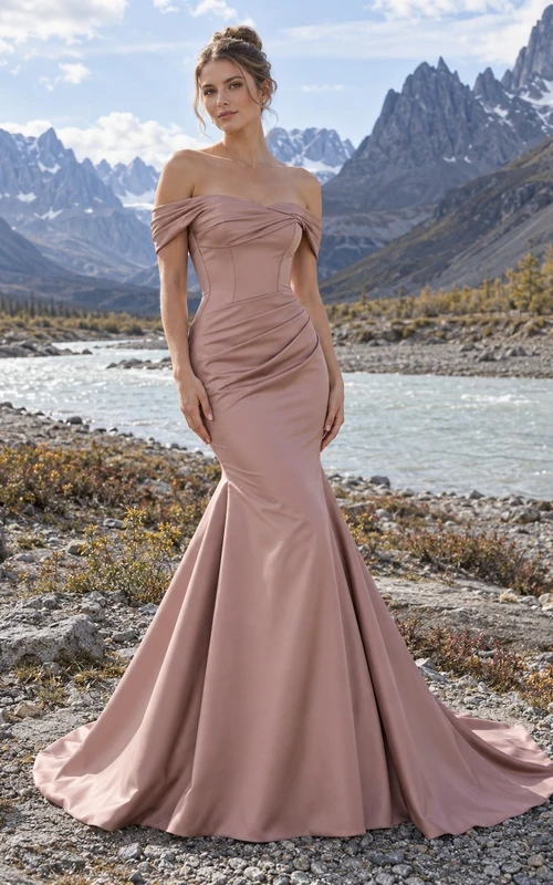 Dusty Rose Off-the-Shoulder Matte Satin Mermaid Wedding Dress with Draped Bodice and Sweep Train