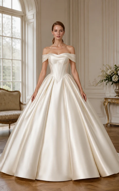 Robe de mariée minimaliste en satin, robe de bal à épaules dénudées et traîne.