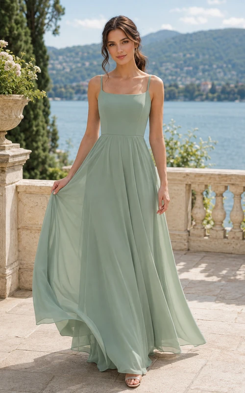 Vestido de dama de honor romántico de gasa color celadón con escote cuadrado, tirantes finos y corte en A, ideal para bodas al aire libre.