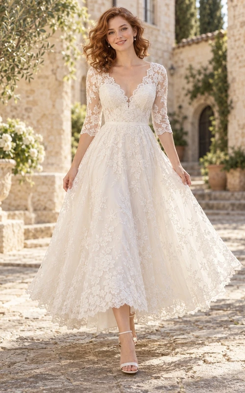 Tea-length V-neck Three-Quarter Sleeve Floral Lace A-line Bridal Wedding Dress