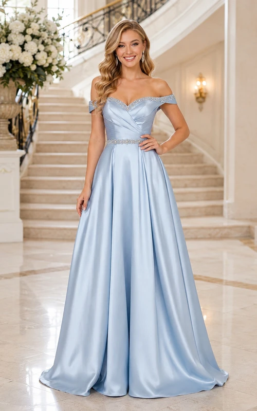 Sky Blue Off-the-Shoulder Satin A-Line Bridesmaid Dress with Floor-Length Skirt