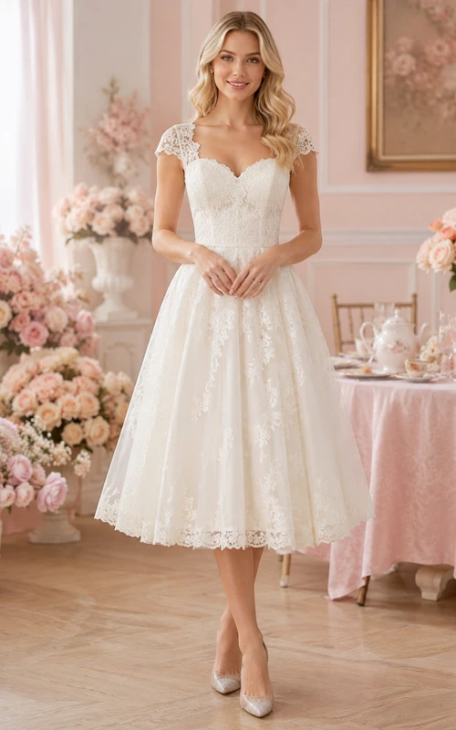Vestido de despedida de soltera de corte A con escote corazón y mangas cortas de encaje hasta la rodilla