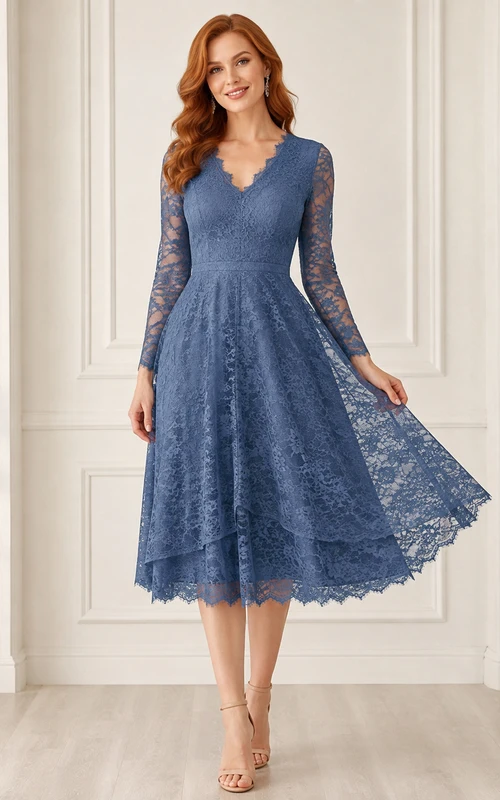 Schieferblaues Vintage-Teekleid mit V-Ausschnitt, Illusion-Spitze und langen Ärmeln