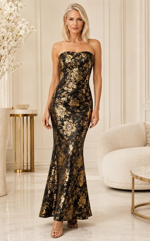 Black Gold Lace Square Neck Sleeveless Sheath Evening Gown