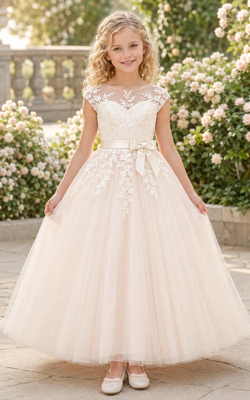 Elegante vestido de niña de flores de corte A, largo hasta los tobillos, de tul y encaje, con escote ilusión y apliques florales.
