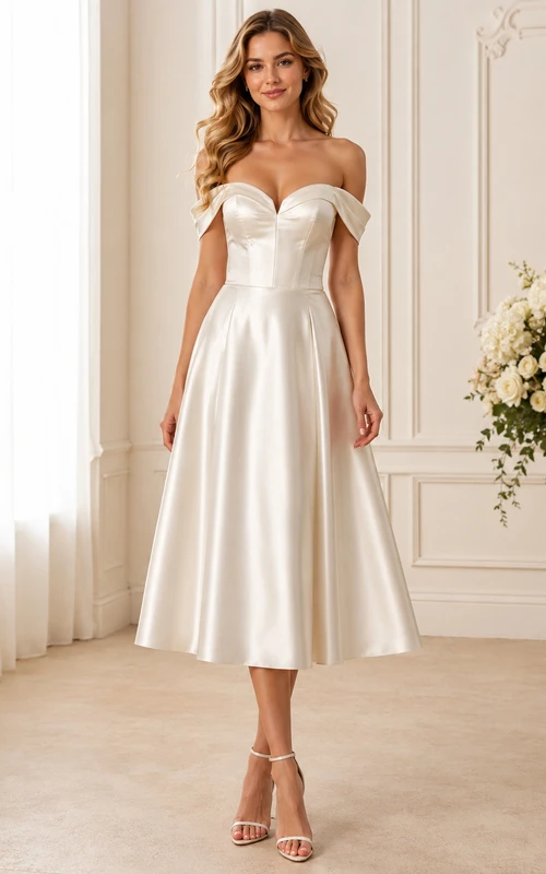Robe de mariée en satin, coupe trapèze, longueur thé, épaules dénudées, manches courtes, décolleté en cœur et taille naturelle, manches courtes, col rabattu.