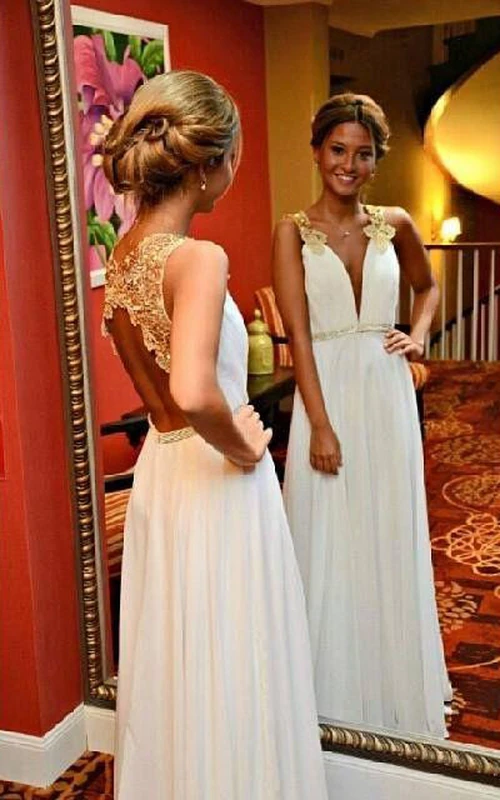 Ärmelloses, langes Chiffonkleid in A-Linie mit V-Ausschnitt und Schlüssellochausschnitt am Rücken