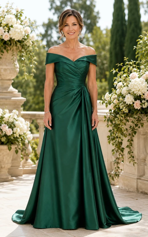 Dunkelgrünes, schulterfreies A-Linien-Kleid aus Satin mit Schleppe