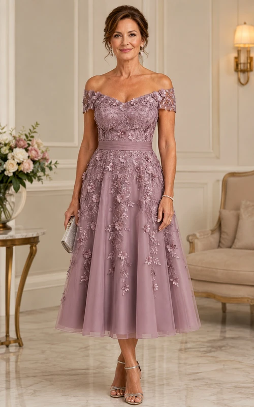 Vestido de tul color malva hasta la rodilla con escote Bardot