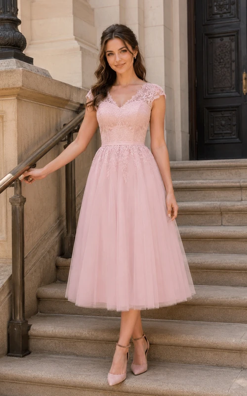 Vestido de novia midi de tul rosa suave con mangas cortas y encaje, estilo juzgado.