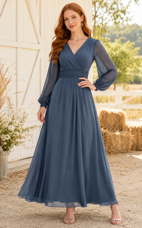 Farmhouse Slate Blue V-Neck Chiffon A-Line Ankle-Length Long Sleeve Dress Modest