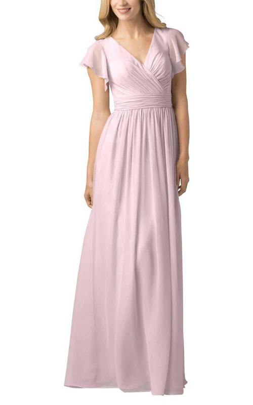 Robe de demoiselle d'honneur longue blanche en mousseline à manches papillon et col en V