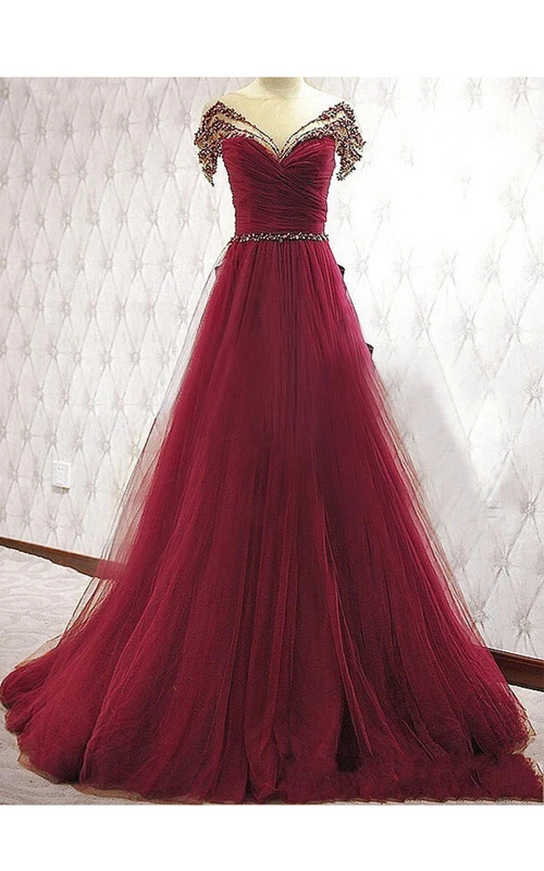 Kurzärmeliges A-Linien-Ballkleid mit Pailletten und Falten