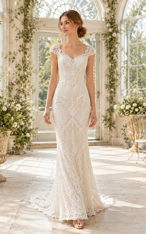 Meerjungfrauen-Brautkleid mit floralem Muster, kurzen Ärmeln, V-Ausschnitt, Spitze und Schleppe