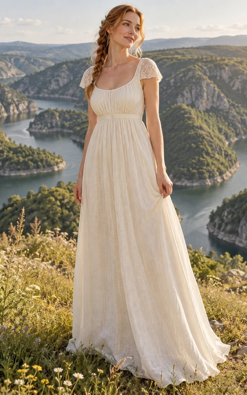 Vestido de novia sencillo de corte A, largo hasta el suelo, con escote redondo, mangas cortas tipo casquillo y corpiño fruncido.